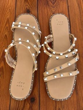 a new day Tan Studded Triple-Strap Slide Sandals